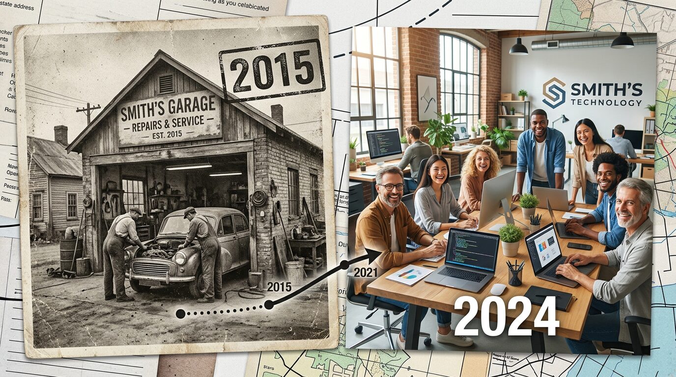 Evolução de empresa de garagem para escritório moderno, mostrando ideias de post carrossel instagram para storytelling de marca