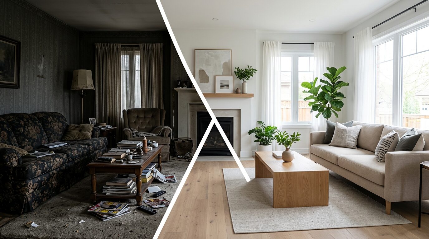 Sala antes e depois de reforma moderna, exemplificando ideias de post carrossel instagram para mostrar transformações e resultados