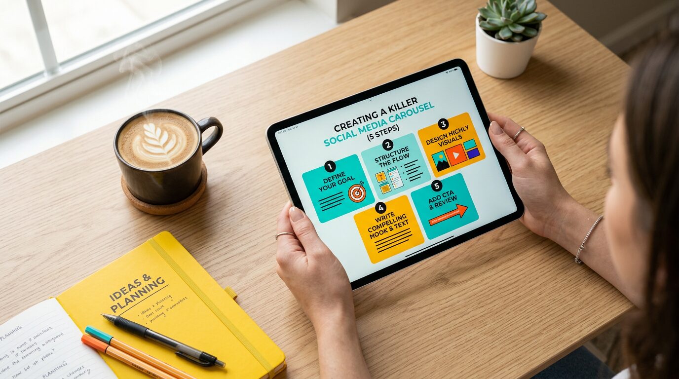 Mãos segurando tablet com tutorial numerado, ilustrando ideias de post carrossel instagram para guias práticos e educativos