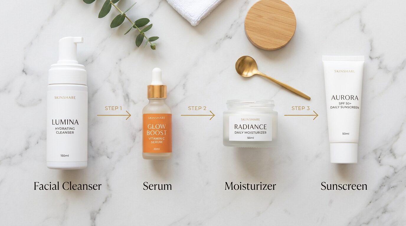 Kit de skincare organizado em sequência lógica, ilustrando ideias de post carrossel instagram para vitrine de produtos complementares