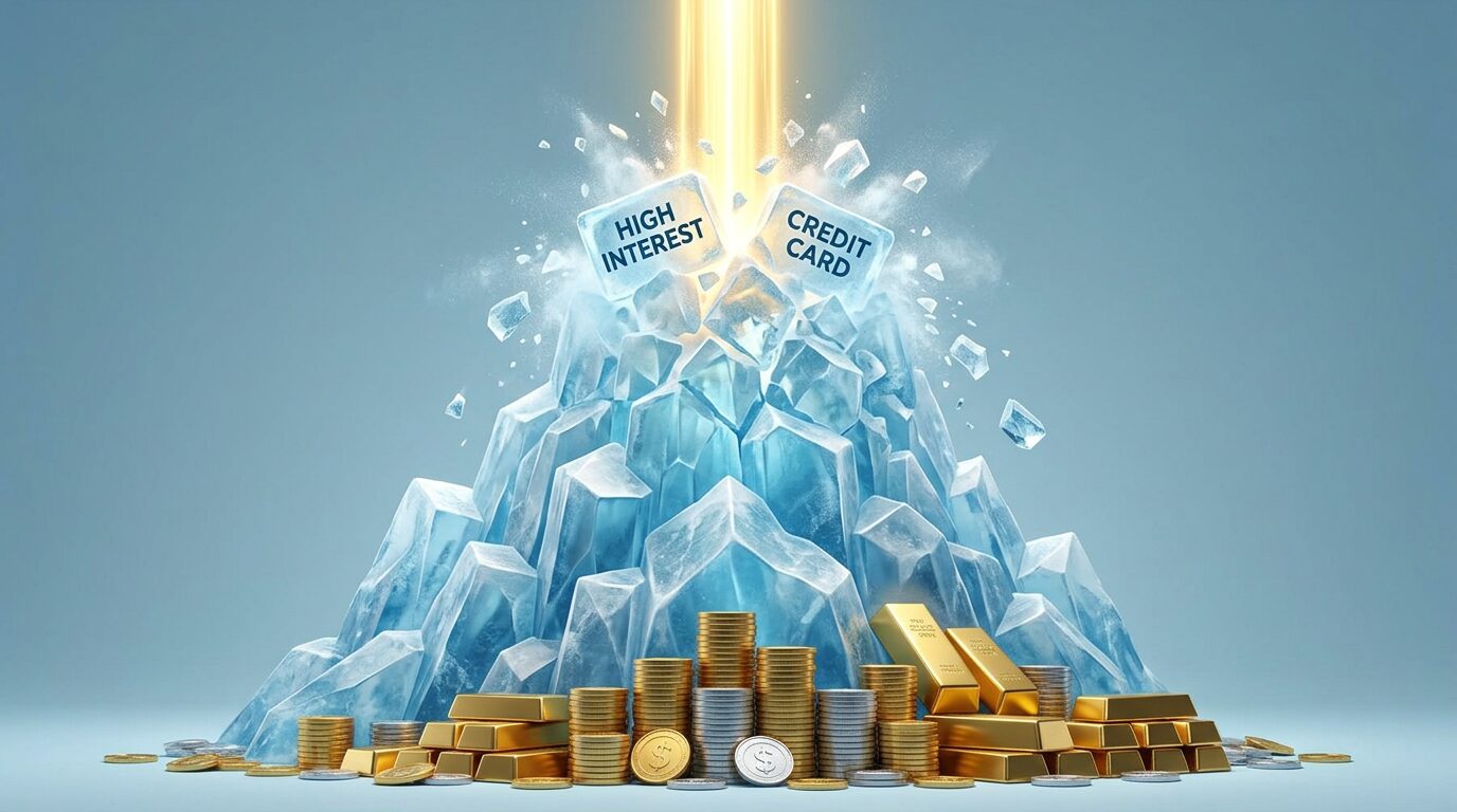 Infográfico 3D ilustrando o Método Avalanche financeiro destruindo dívidas de cartões e juros altos para economizar dinheiro rápido.