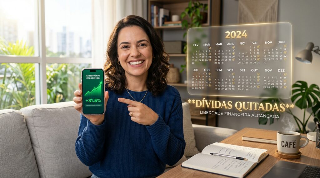 Pessoa em ambiente iluminado segurando celular com gráfico de crescimento financeiro e plano de 12 meses para eliminar dívidas.