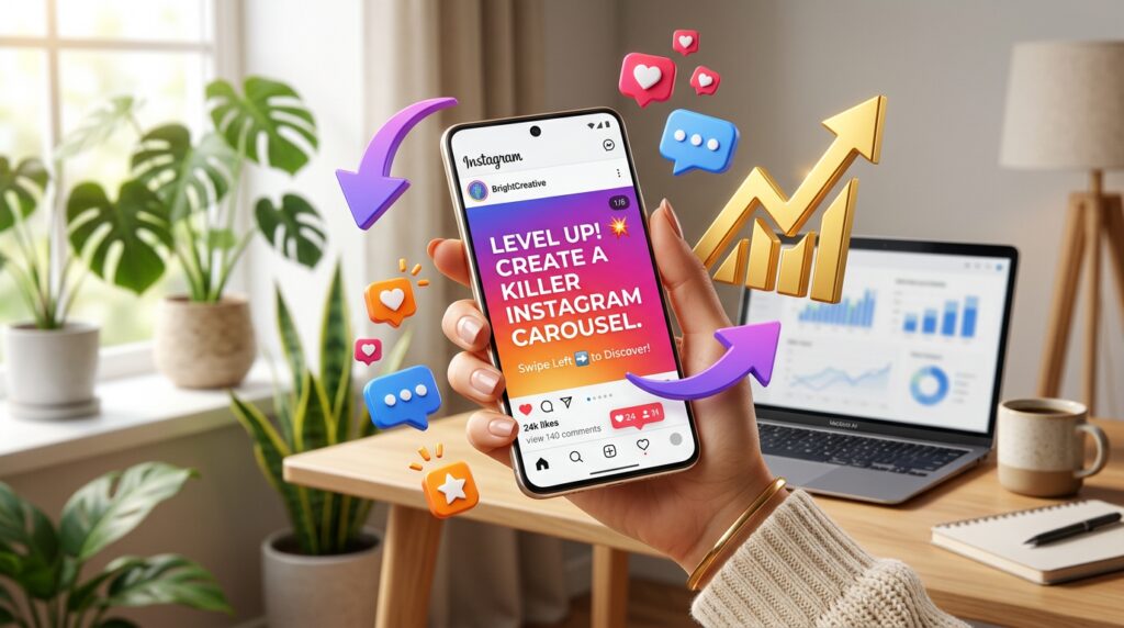 Smartphone exibindo post carrossel no Instagram com ícones de curtidas e comentários flutuando em estilo 3D moderno em home office