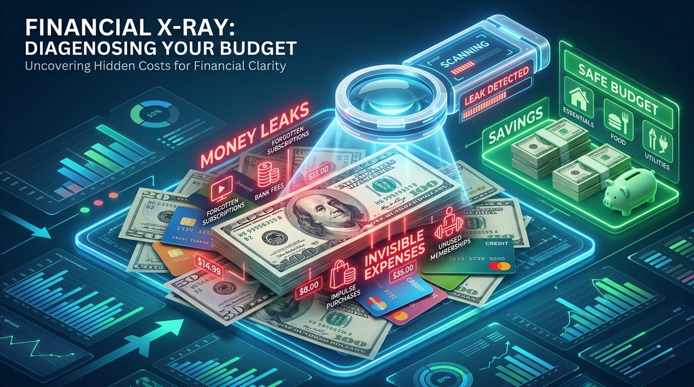 Infográfico 3D de scanner digital fazendo Raio-X financeiro para detectar gastos invisíveis e taxas em cartões de crédito.