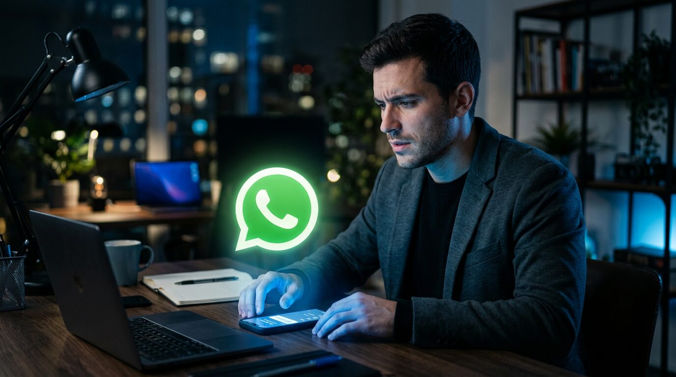 Jovem empreendedor usando um script de vendas instagram afiliado no celular para converter leads do tráfego pago no WhatsApp.