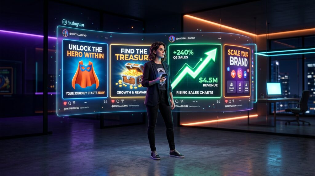 Empreendedor digital analisando carrossel holográfico sobre como usar storytelling no instagram para vender com alto impacto.