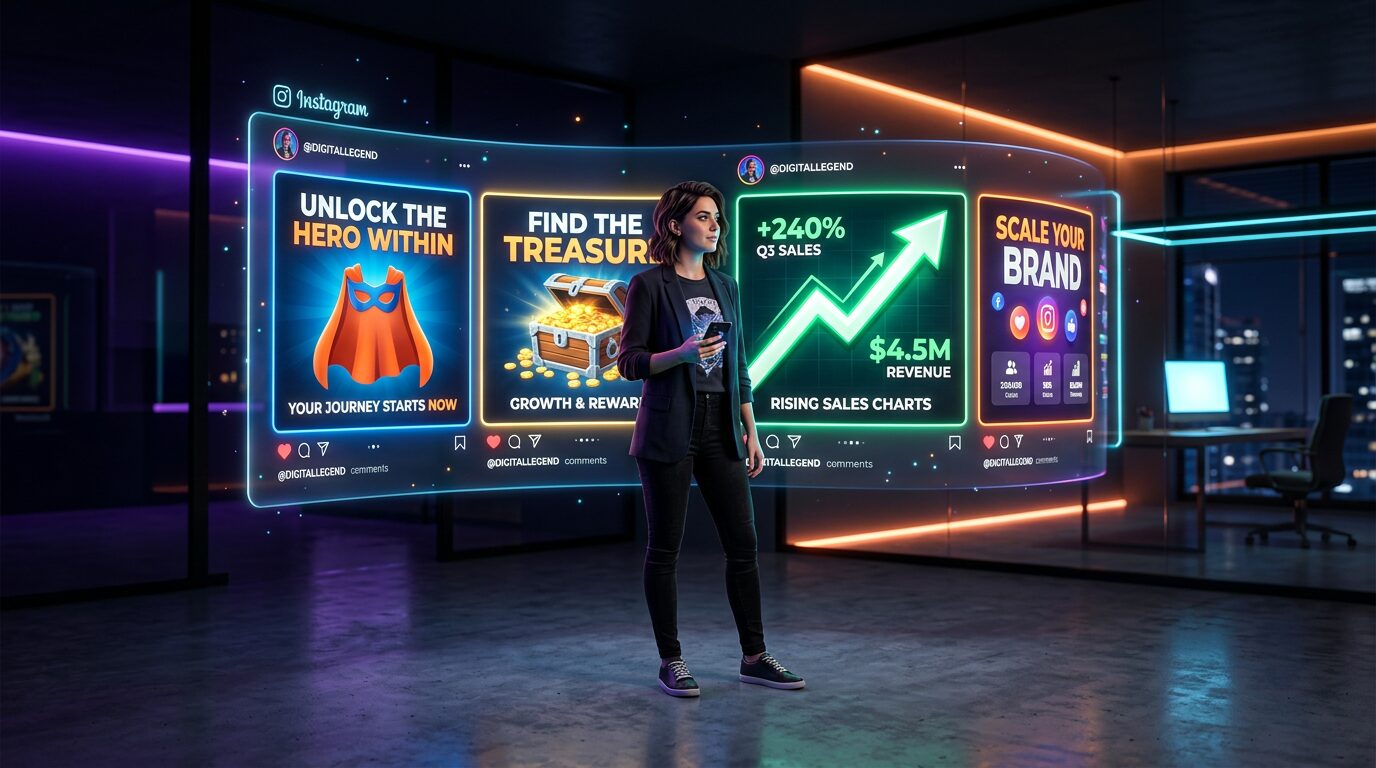 Empreendedor digital analisando carrossel holográfico sobre como usar storytelling no instagram para vender com alto impacto.