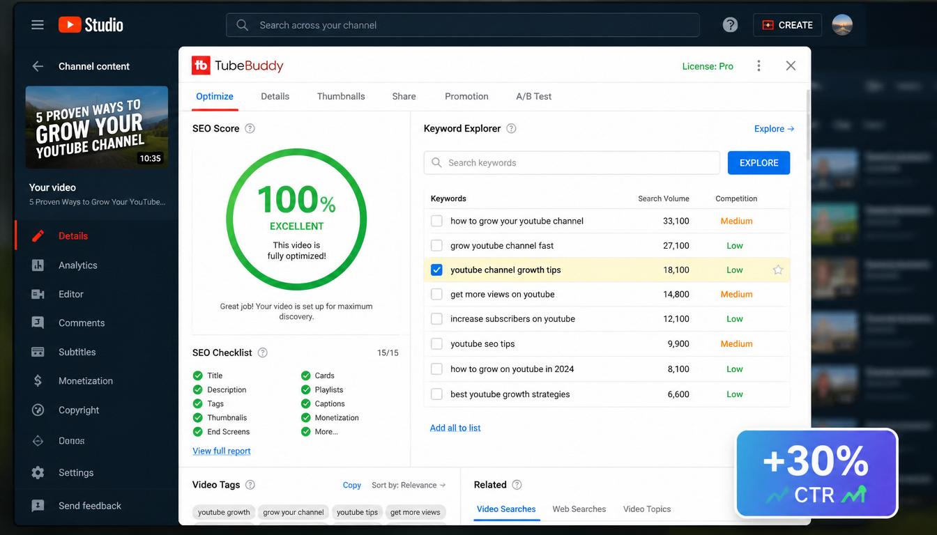 Extensão TubeBuddy com score de SEO 100% e ferramentas SEO YouTube gratuitas para pesquisa de palavras-chave e otimização de vídeos.