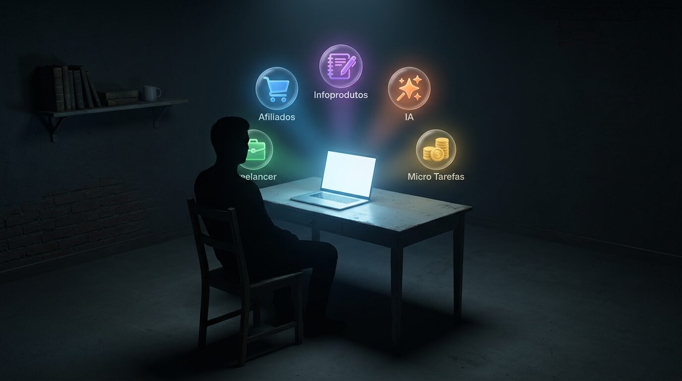 Pessoa sentada em ambiente simples cercada por hologramas representando 5 formas de ganhar dinheiro na internet sem investimento