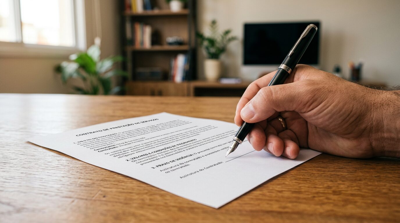 Assinatura do modelo de contrato de prestacao de servicos para freelancer digital com caneta sobre mesa.