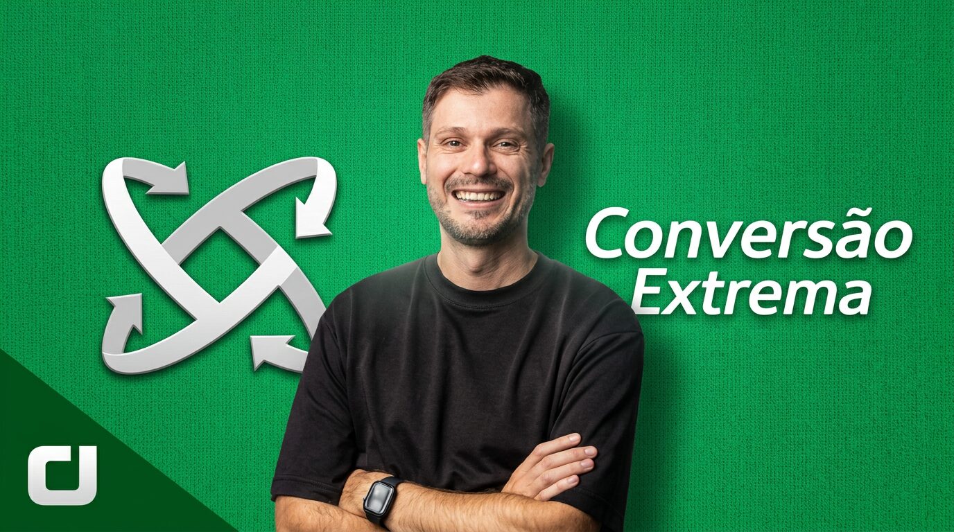 Banner do curso Conversão Extrema de Tiago Tessmann com logo central e fundo vibrante representando alta performance em vendas digitais e conversão.