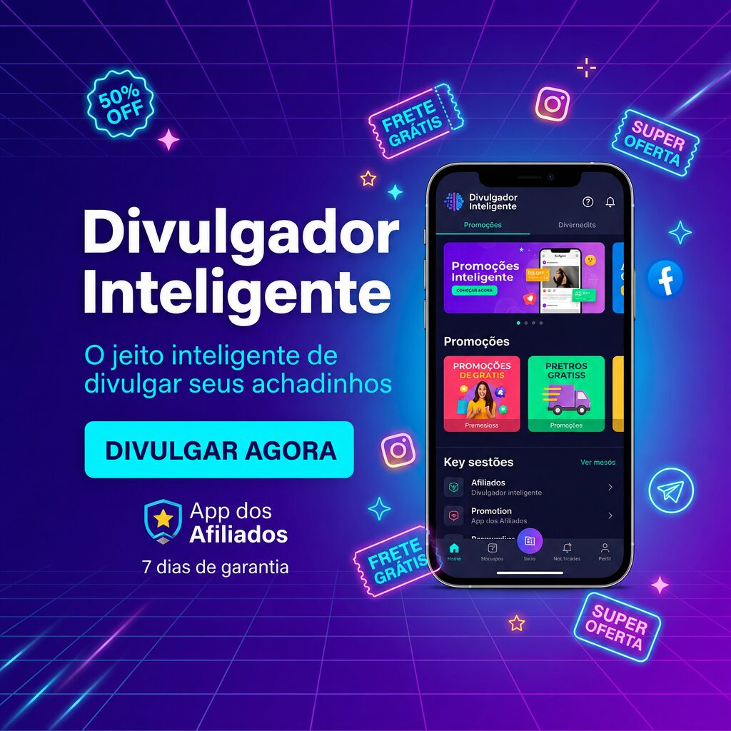 Banner Divulgador Inteligente-App Afiliados-Fundo roxo e azul-Divulgar Agora