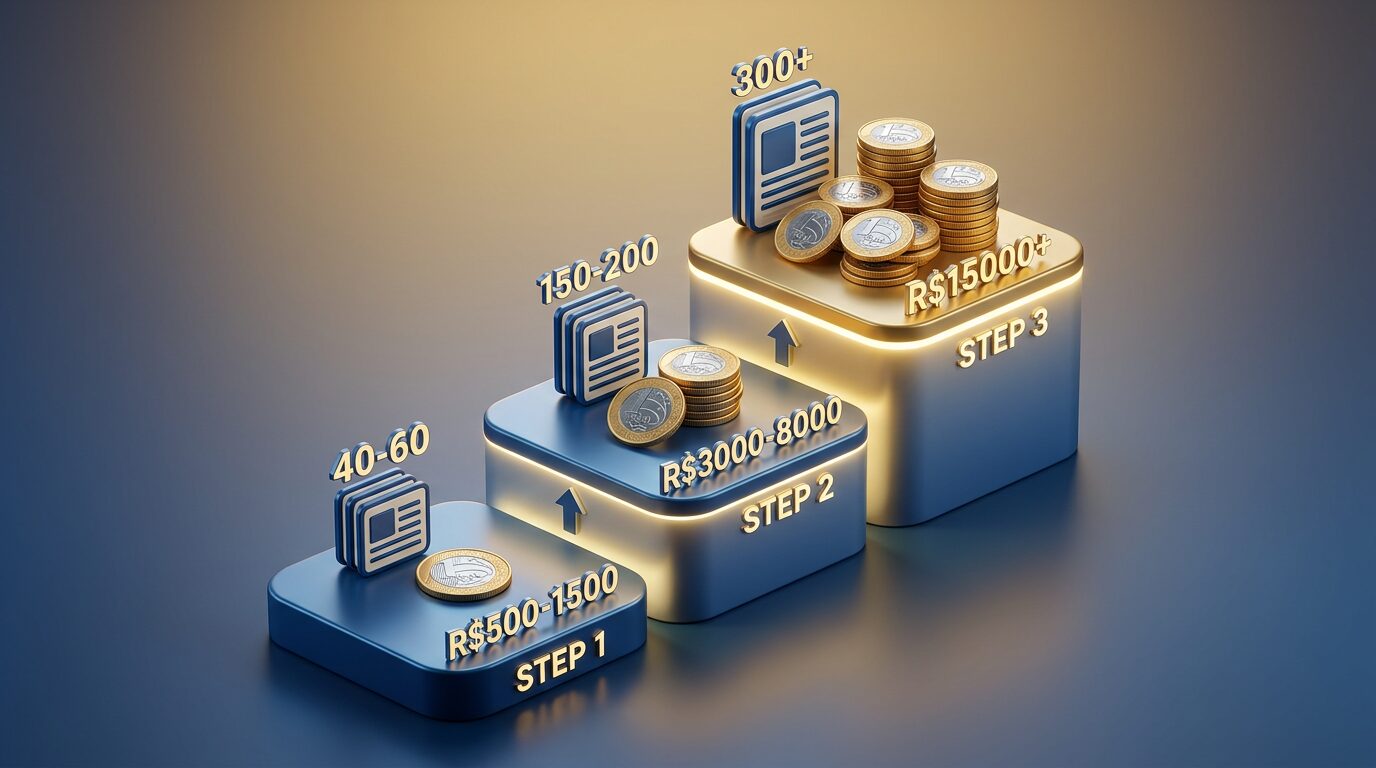 Infográfico mostrando 3 cenários de faturamento de blog invisível para afiliado Mercado Livre: iniciante R$500-1500, médio R$3000-8000 e escalado R$15000+.
