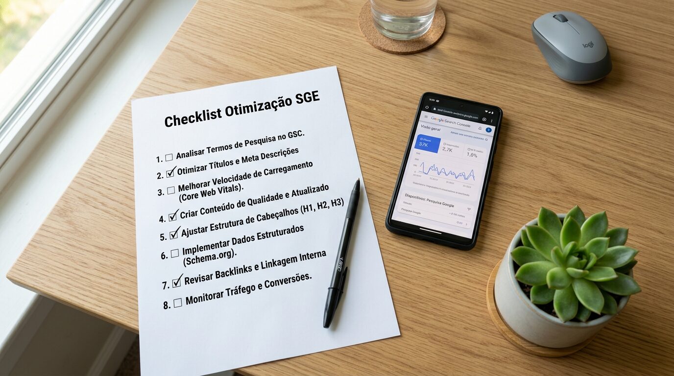 Checklist impresso de otimização com 8 passos para otimizar post antigo do blog para o google sge em 2026.