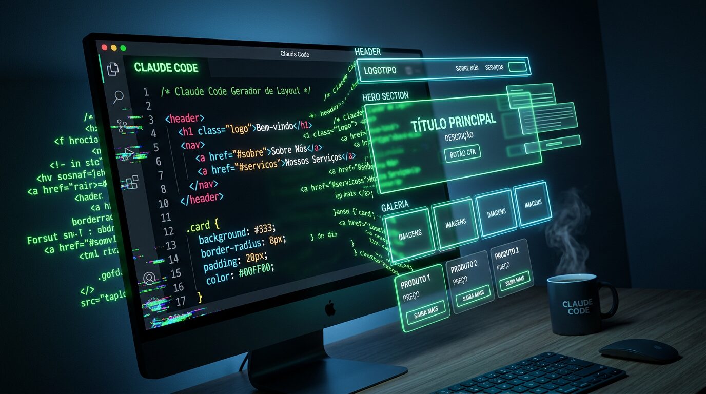Claude Code gerando código HTML para landing page com linhas de código brilhantes materializando layout de site em 3D no ar