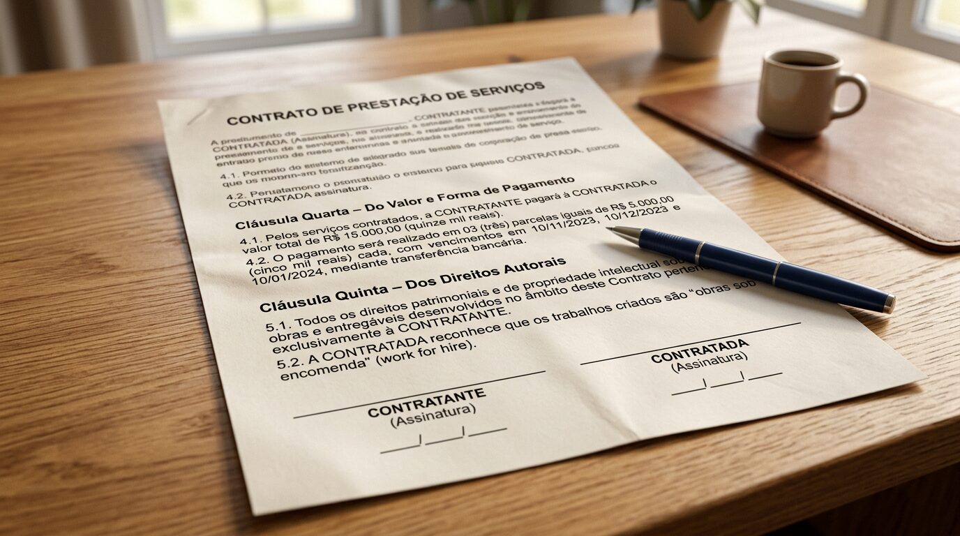 Cláusulas de pagamento e direitos autorais do modelo de contrato de prestacao de servicos para freelancer digital.