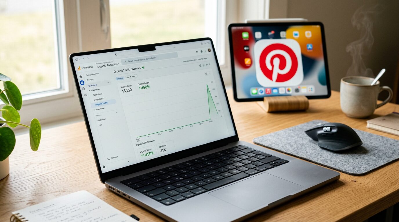 Laptop exibindo gráfico de crescimento de tráfego orgânico vindo do Pinterest para um blog de renda extra iniciante em 2026