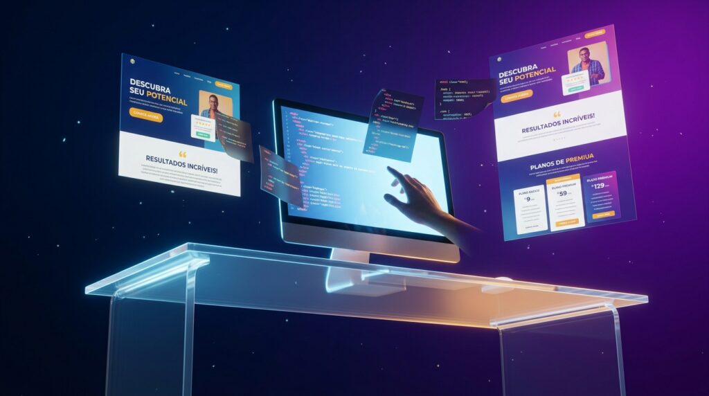 Cena futurista de criação de landing page com IA onde código HTML se transforma em páginas holográficas flutuantes no ar representando Lovable e Claude