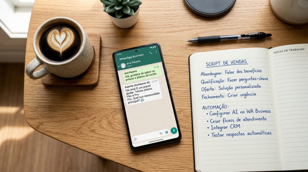 Como criar um agente de IA para automatizar vendas no WhatsApp com smartphone notebook e script de automacao.
