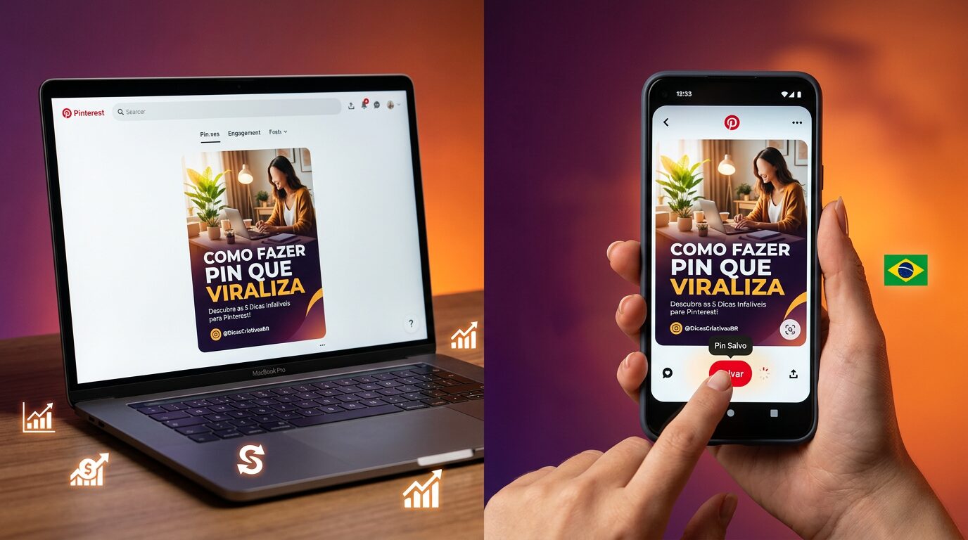 Laptop e smartphone exibindo pin de como fazer pin que viraliza para afiliado iniciante, com gráficos de crescimento ao fundo em estilo moderno.
