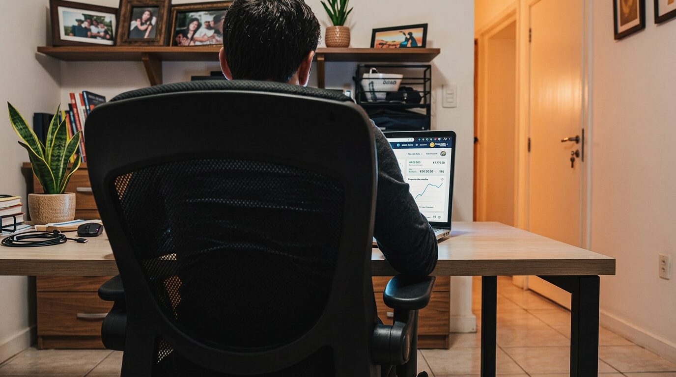 Pessoa trabalhando como afiliado anônimo do Mercado Livre em home office escuro, tela do notebook com gráficos de comissão, conceito de blog sem rosto