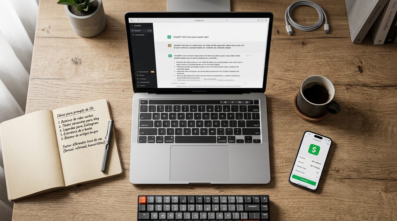 Como ganhar dinheiro vendendo prompts de ia na internet com laptop ChatGPT caderno e marketplace ao fundo.