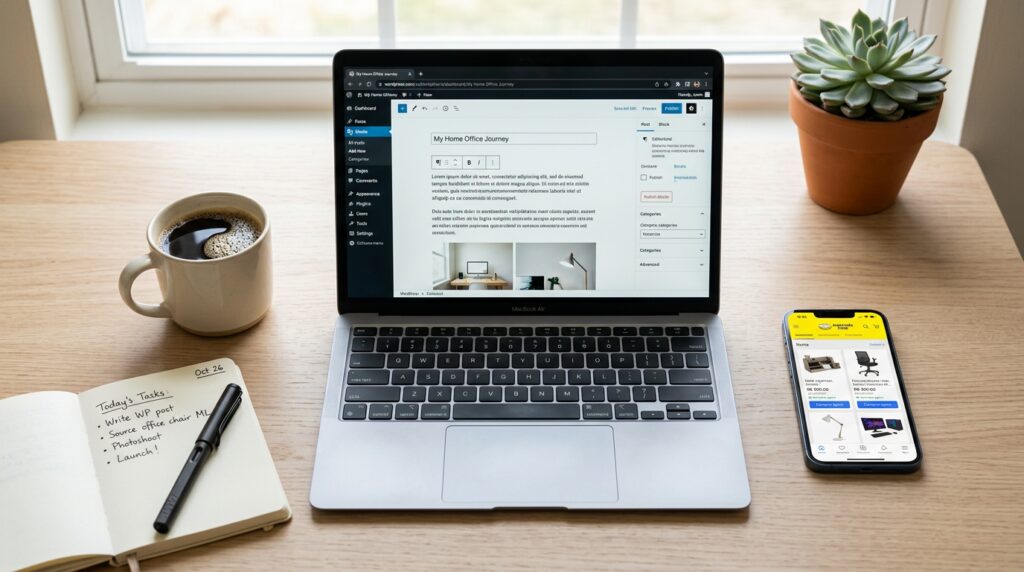 Pessoa trabalhando em home office com laptop aberto em dashboard de blog WordPress e smartphone exibindo app do Mercado Livre ao lado de uma xícara de café.