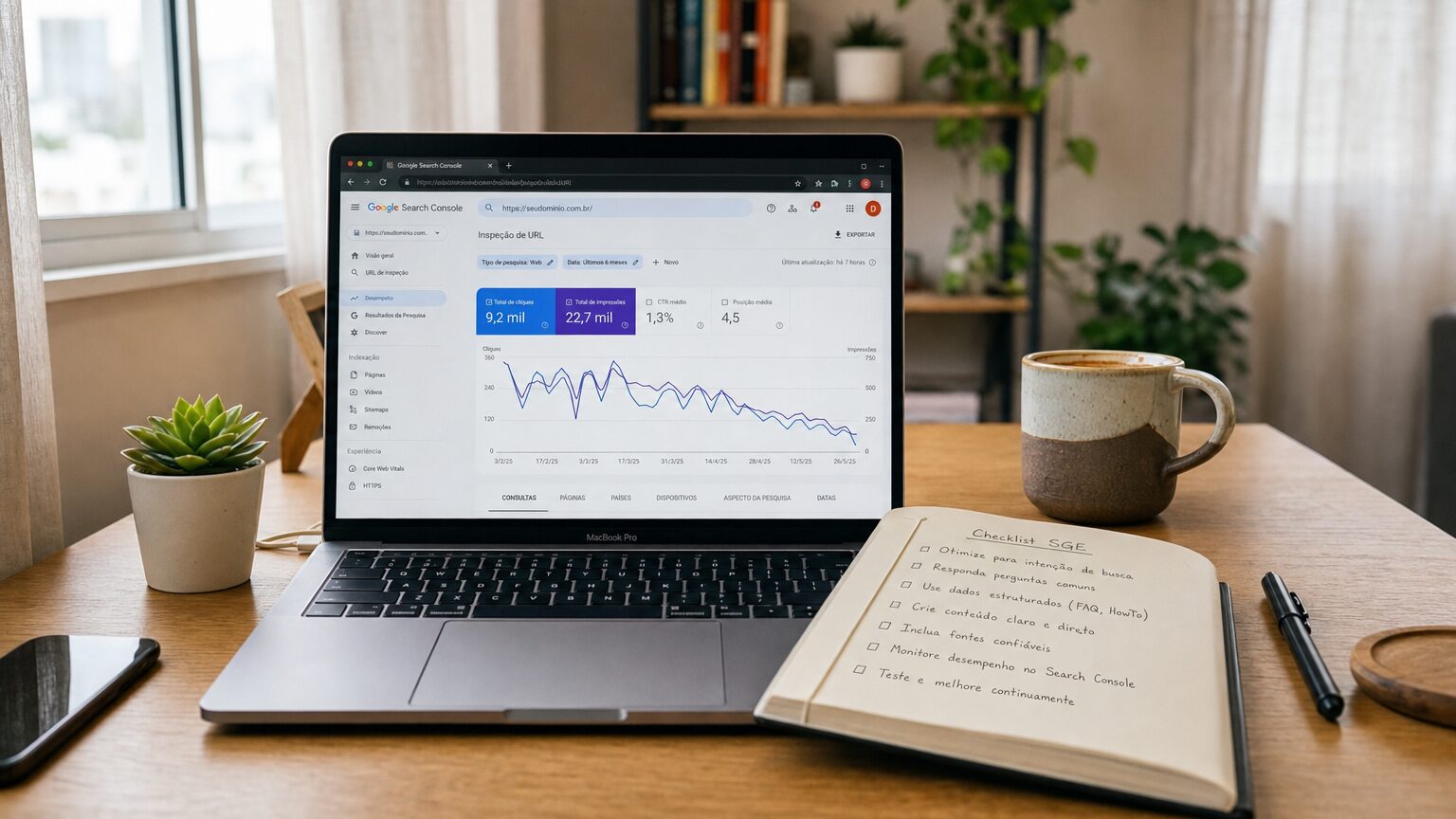 Laptop aberto com Google Search Console e checklist mostrando como otimizar post antigo do blog para o google sge em 2026.