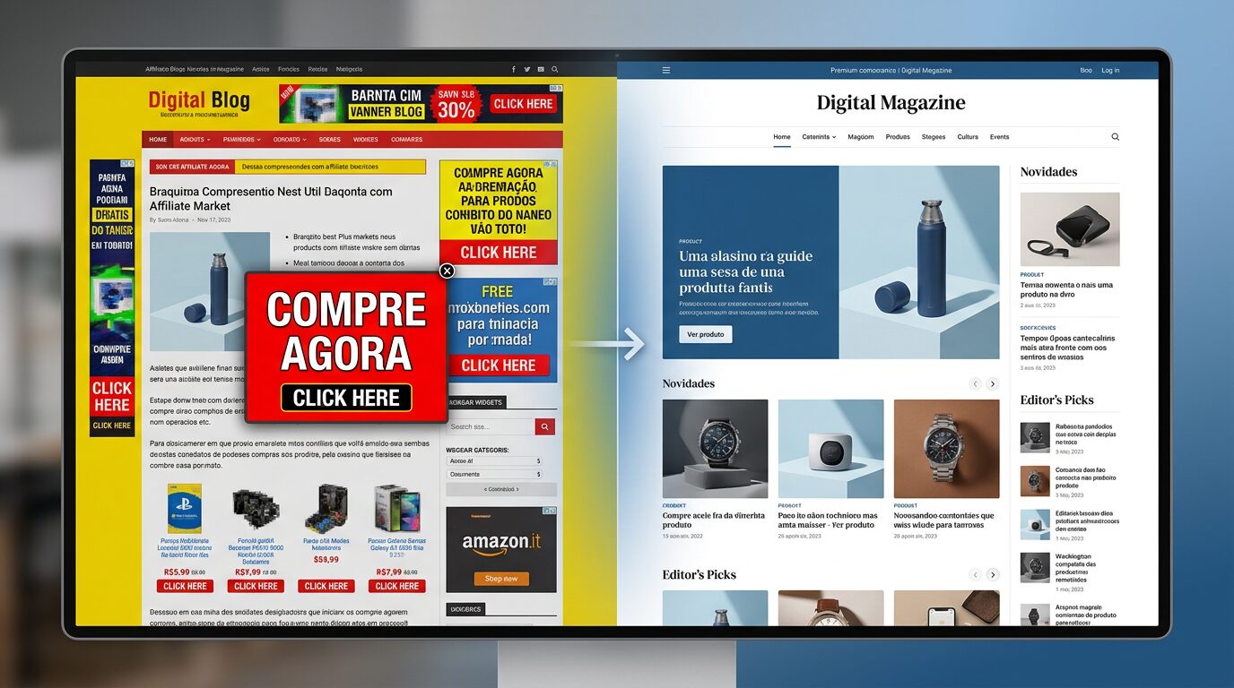 Comparação lado a lado de blog de afiliado tradicional com banners e pop-ups versus blog invisível com design editorial limpo e layout de revista digital profissional.