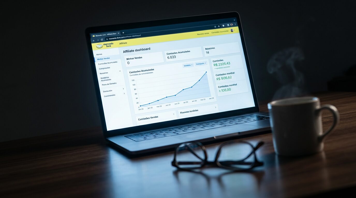 Dashboard de afiliado do Mercado Livre com gráfico de comissões em alta, notebook sobre mesa de madeira, conceito de renda passiva com blog