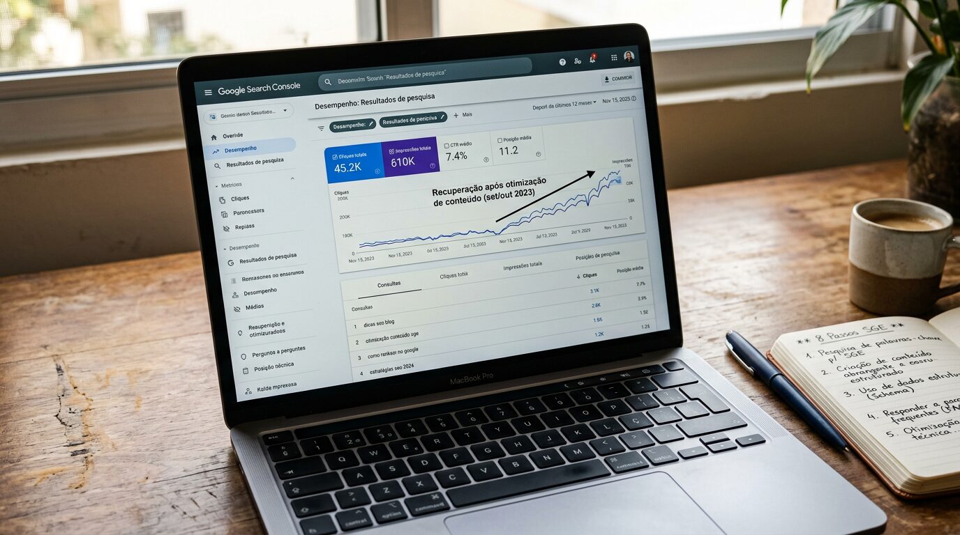 Tela de laptop com Search Console mostrando relatório de desempenho para otimizar post antigo do blog para o google sge.