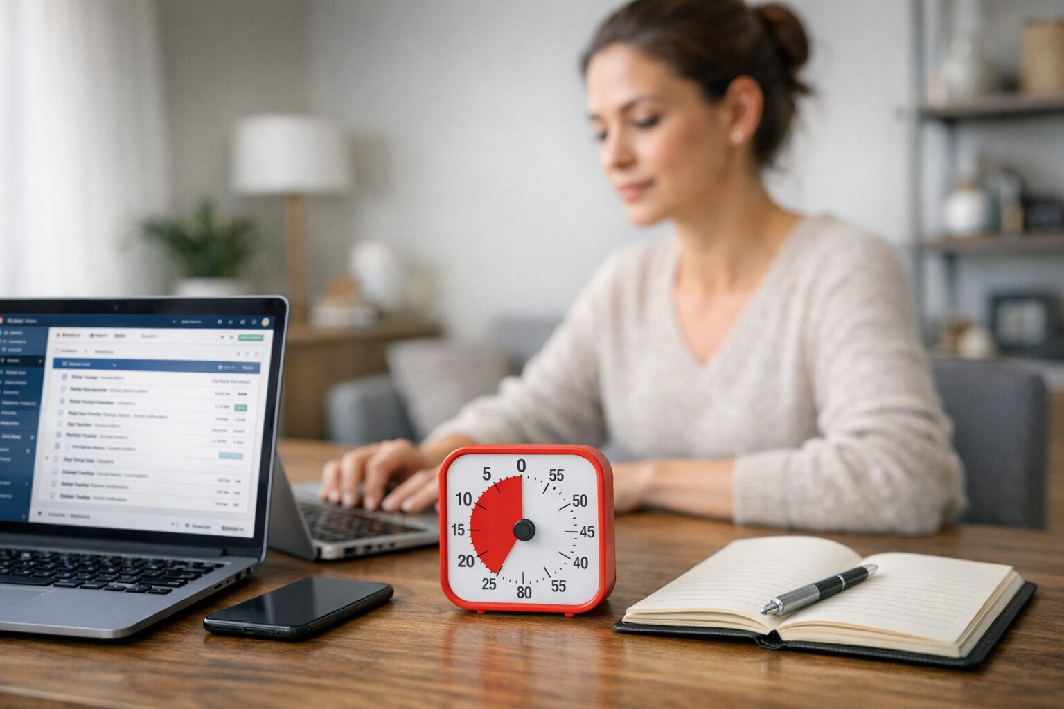 Home office com celular silenciado, notebook aberto e ambiente preparado para manter o foco no trabalho.