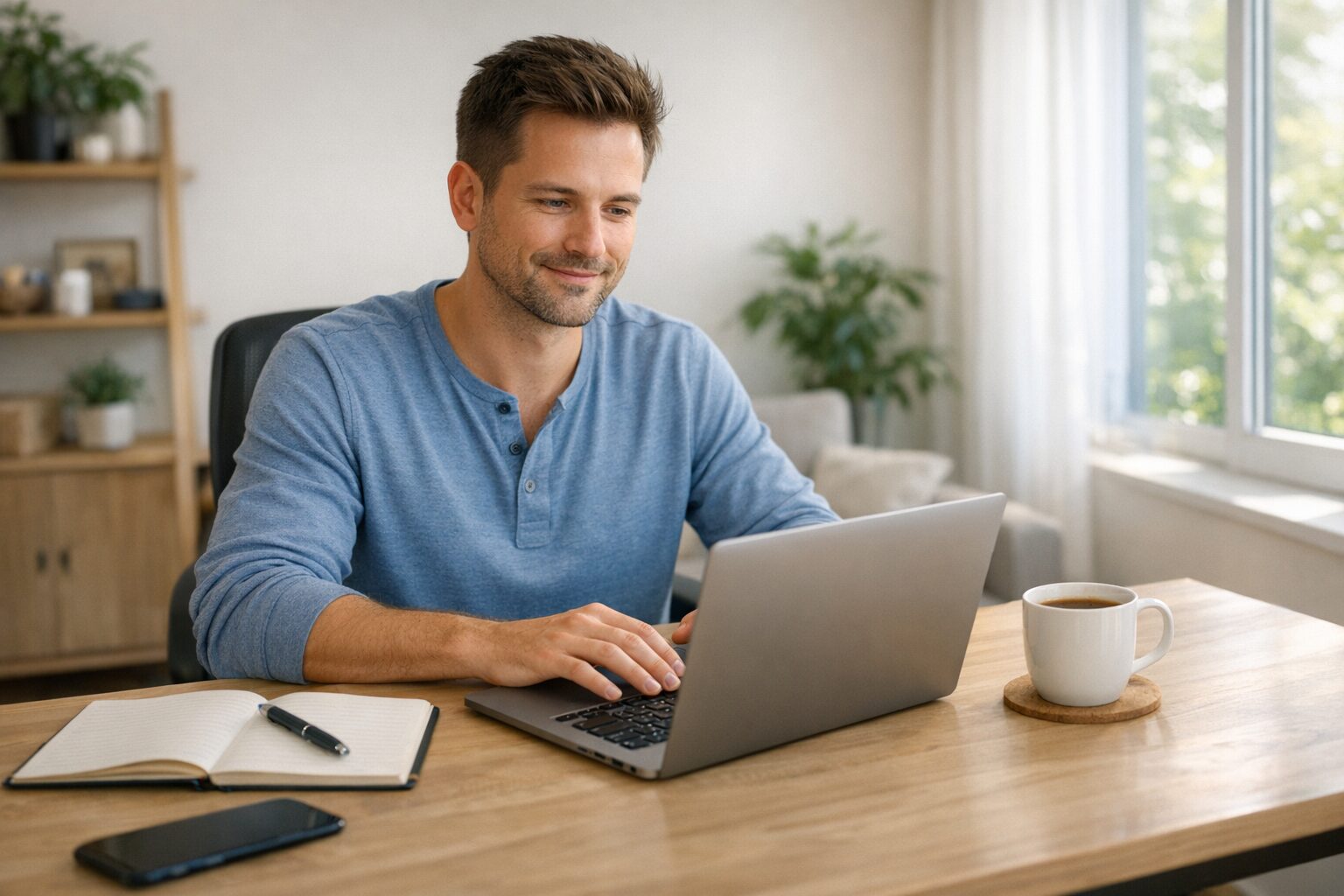 Afiliado em home office com mesa organizada, notebook aberto e foco na rotina de produtividade em casa.