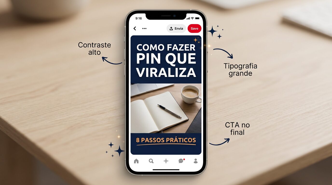 Mockup de pin do Pinterest com título "Como fazer pin que viraliza para afiliado iniciante" e anotações sobre elementos de design eficazes.