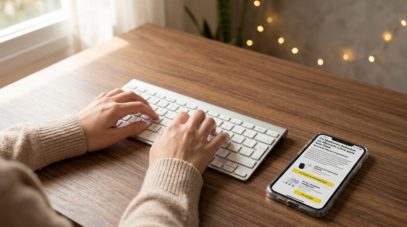 Mãos de afiliado digitando em teclado, smartphone na mesa mostrando blog com produtos do Mercado Livre, conceito de blog sem rosto