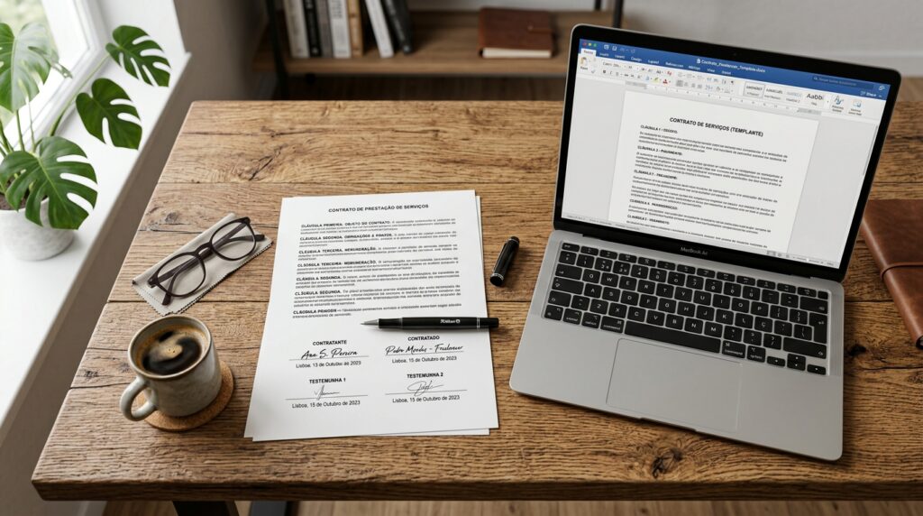 Modelo de contrato de prestacao de servicos para freelancer digital impresso sobre mesa com laptop e caneta.