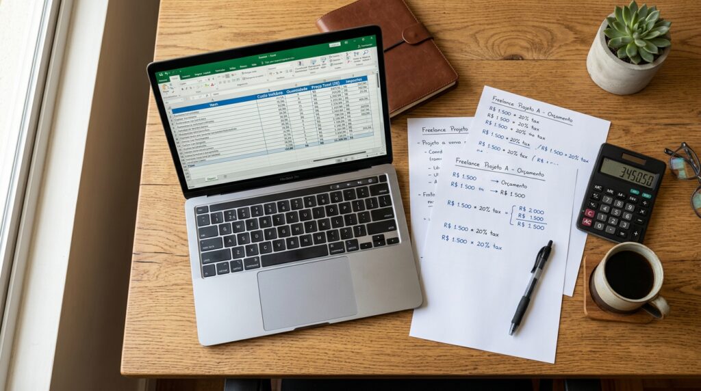 Modelo de planilha de precificacao para servicos digitais freelancer aberto em laptop sobre mesa home office com calculadora.