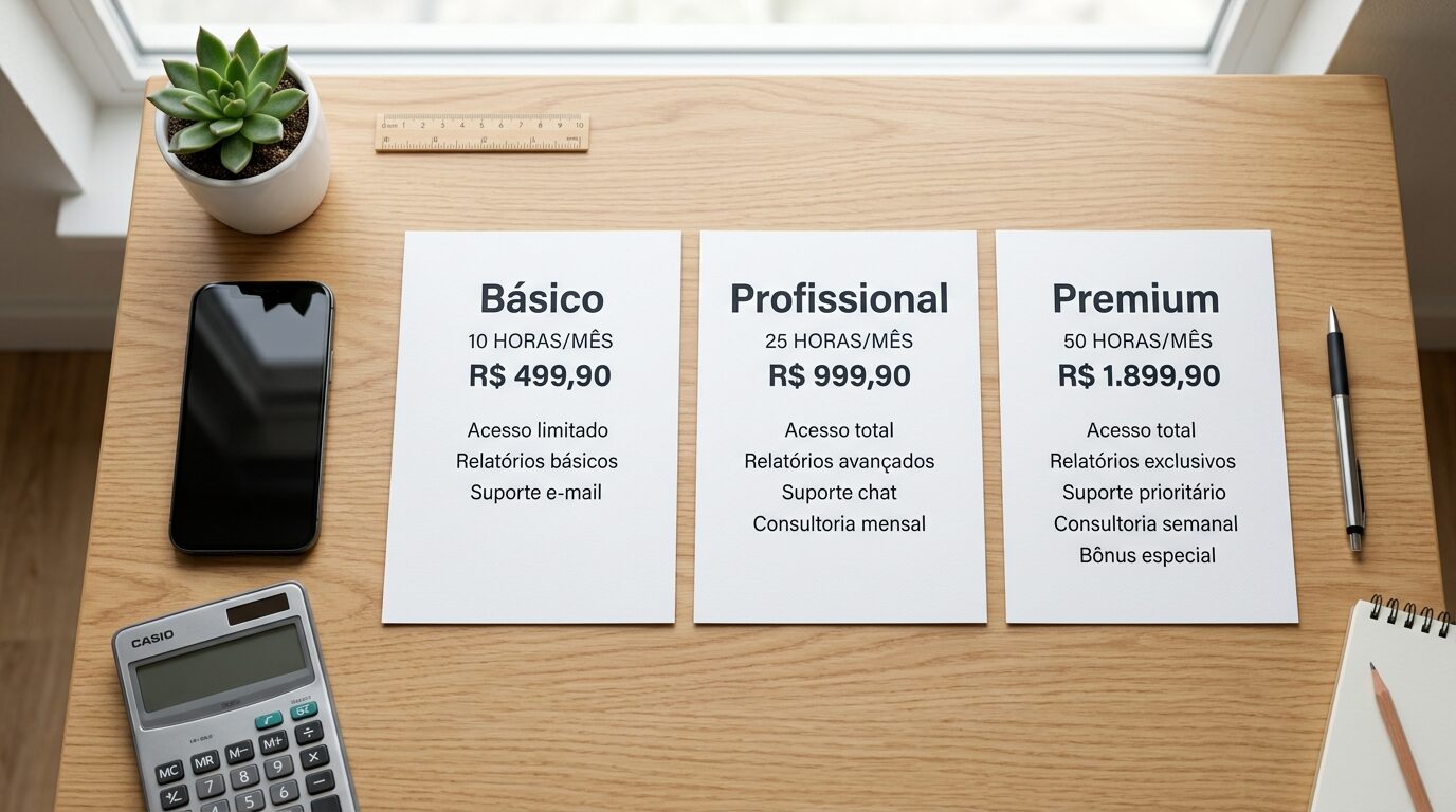 Pacotes Básico Profissional e Premium do modelo de planilha de precificacao para servicos digitais freelancer.