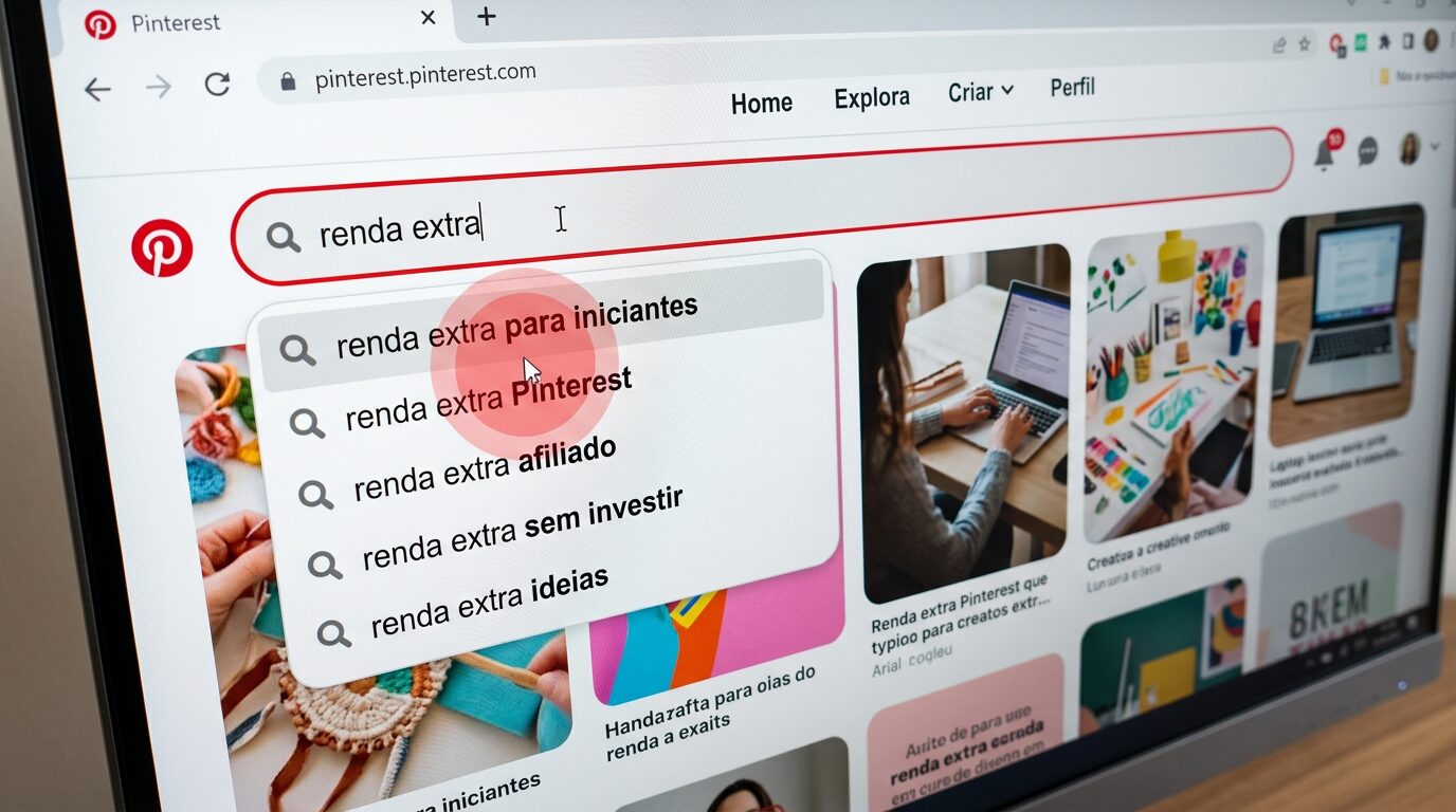 Barra de busca do Pinterest exibindo sugestões de palavras-chave como renda extra para iniciantes, mostrando pesquisa para pin de afiliado.