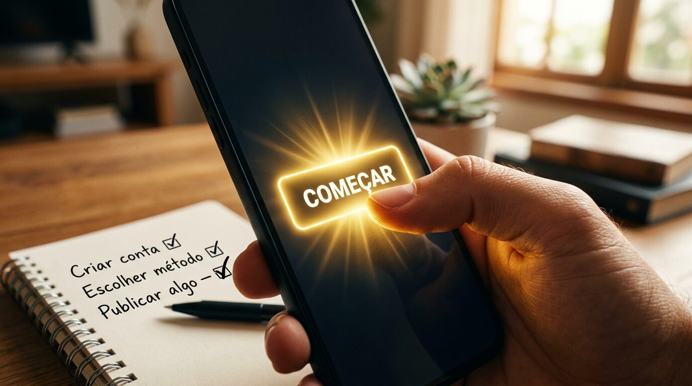 Dedo pressionando botão começar em tela com checklist ao lado representando o passo a passo para ganhar dinheiro na internet