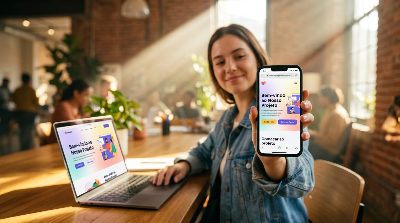 Landing page publicada no Lovable sendo visualizada em smartphone com criador ao fundo em coworking após criar com Claude Code passo a passo