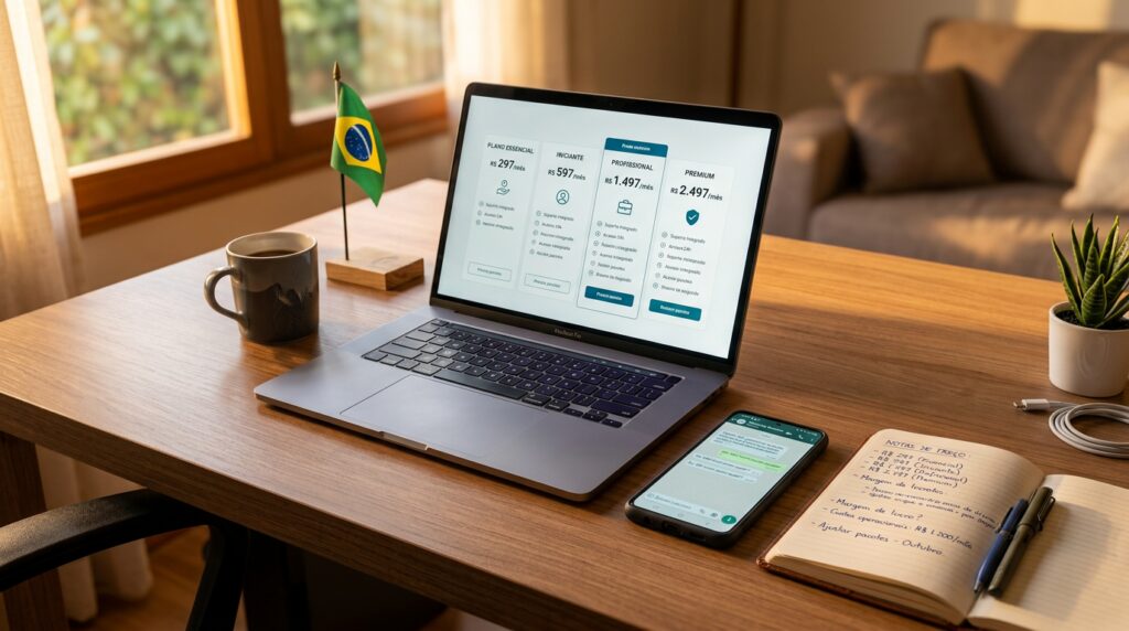 Mesa de escritório com laptop mostrando tabela de quanto cobrar como assistente virtual com ia para empresas locais em 2026.