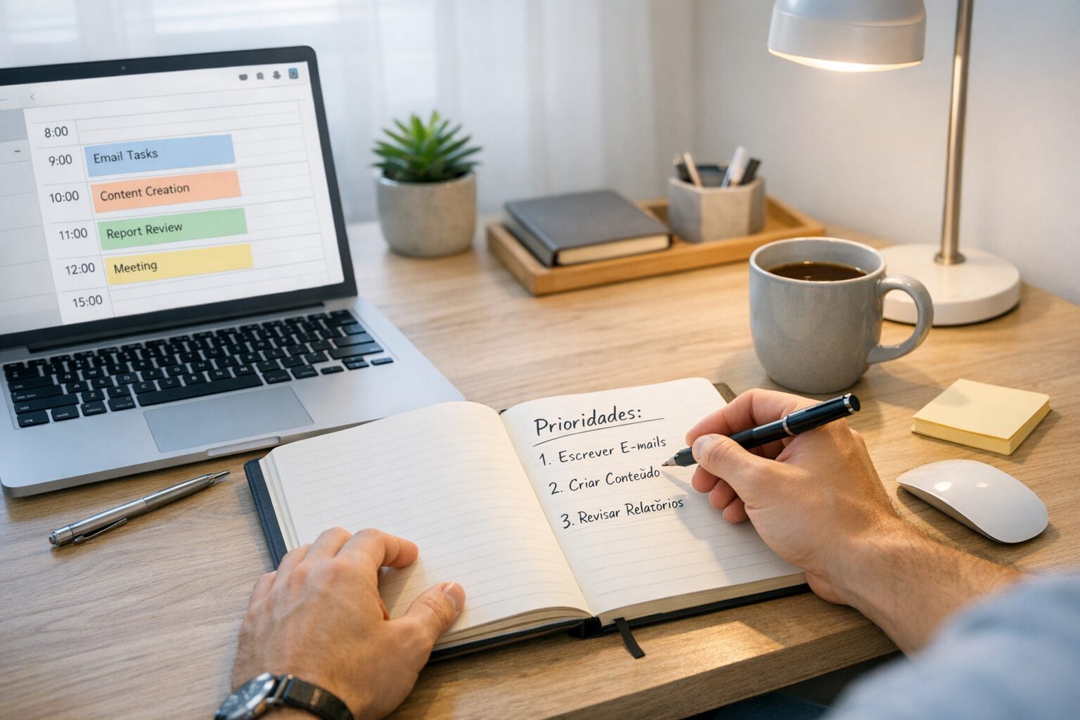 Rotina de afiliado em home office com três prioridades, agenda organizada e blocos de foco no planejamento diário.