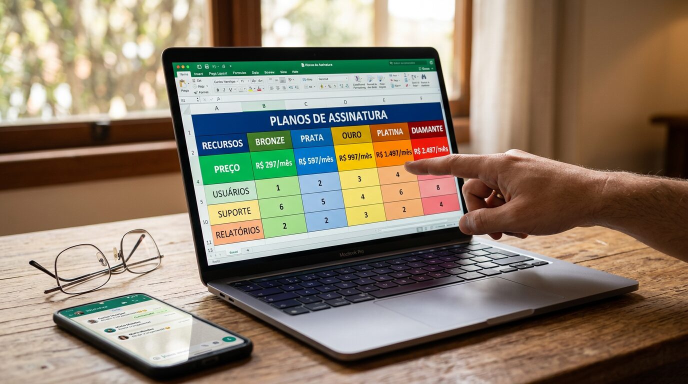 Tela de laptop exibindo tabela colorida com 5 pacotes de quanto cobrar como assistente virtual com ia para empresas locais.