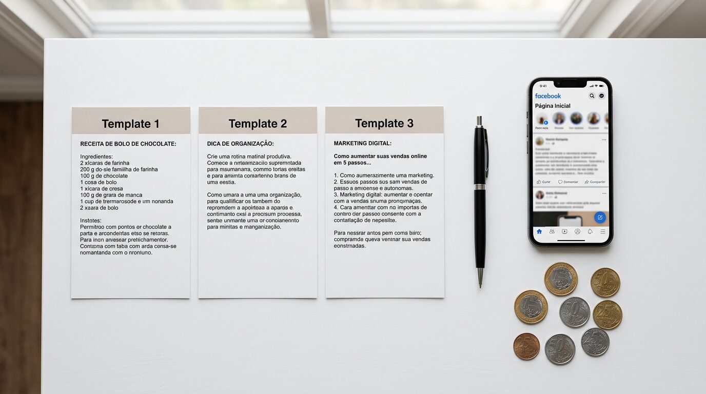Templates posts prontos vender como afiliado Facebook groups primeira venda copiar e colar.