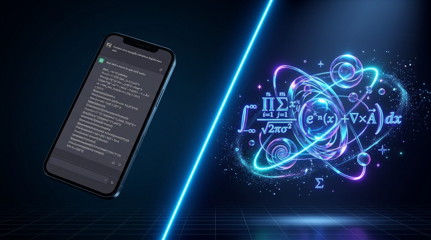 Transformação de código LaTeX em equação SVG 3D cristalina com efeitos neon, ilustrando um conversor latex to svg converter para fórmulas matemáticas web